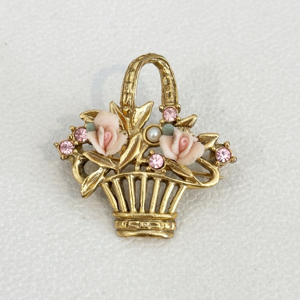 Vintage Victorian Style Brooch Flower Basket Porcelain and Pink Rhinestone